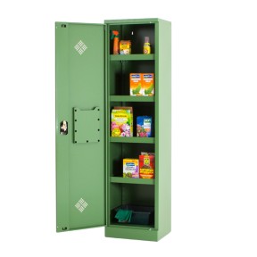 Vista de 3/4 del armario fitosanitarios ancho 50cm con puerta abierta y accesorios Vista de 3/4 del armario fitosanitarios ancho 50cm con puerta abierta y accesorios