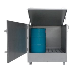 Vista frontal del depósito para sustancias peligrosas 4 bidones - Puerta y tapa abiertas Vista frontal del depósito para sustancias peligrosas 4 bidones - Puerta y tapa abiertas